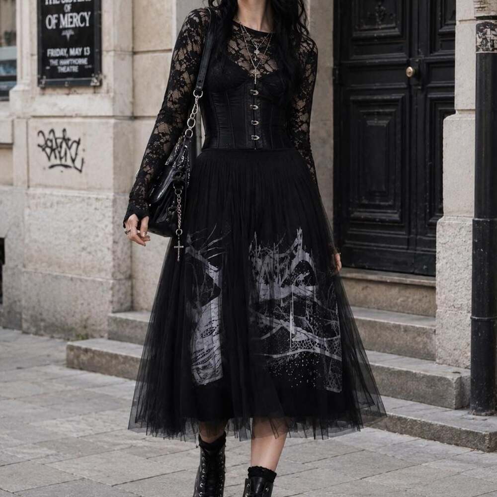 S-DEER Black Tulle Graphic Print Midi Skirt
